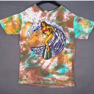 Tie Dye Surf Girl Wave Graphic Tee Beach Skate Fest Boho Coastal Size M Unisex